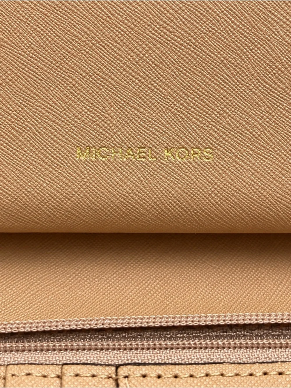 MICHAEL KORS Beige/Tan Saffiano Leather Wristlet with Gold Logo